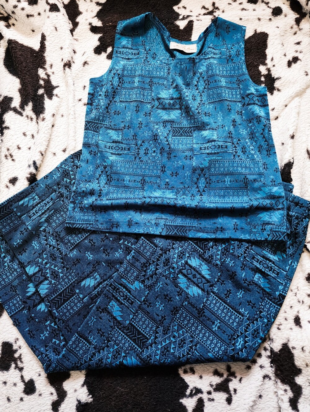 "NEW FRONTIER" WOMEN'S 80'S/90'S AZTEC 2 PIECE SET - METALLIC BLUE